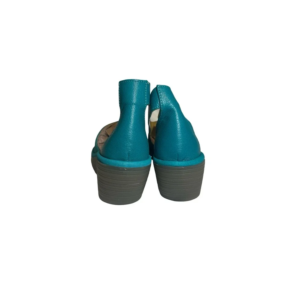 Fly London Yall Teal Leather Wedge Sandals Peep Toe Ankle Strap Womens 37 NEW